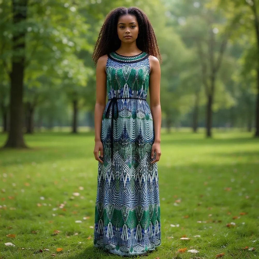 Green/Black/Blue Geometric Design Maxi Dress with Unique Mesh Neckline Size 10